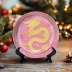 HABEN ARTWORK 10" Ceramic Plates for Display Golden Dragon Floral Patterns Pink Decorative Plate with Stand and Hook for Kitchen Dining Room Wall Hanging Decor