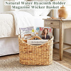 Magazines Holder - Wicker Magazine Rack, Handwoven Magazine Holders for Bathroom, Magazine Organizer for Books, Newspaper, Water Hyacinth Magazine Basket with Handle, 14x11.5x6.7inch