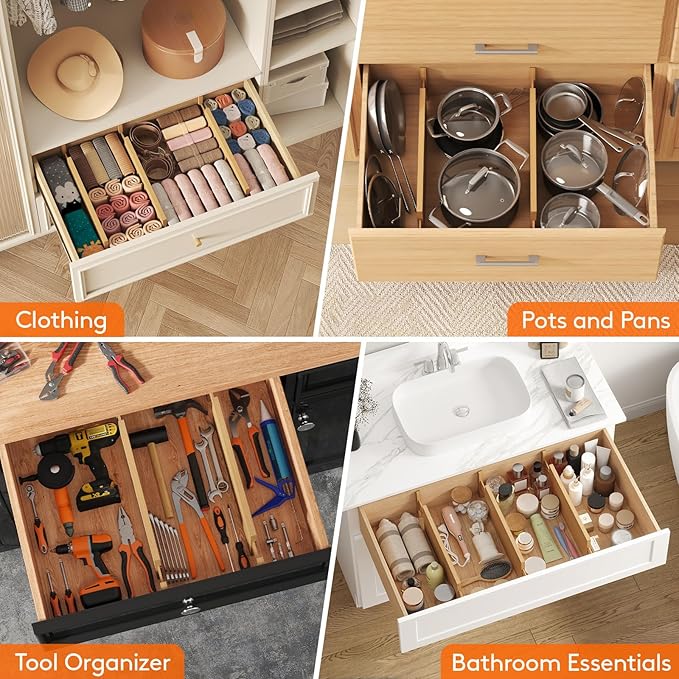 Lifewit 5" High 8 Pack Bamboo Drawer Dividers 45-55cm/17.5-22" Adjustable Wooden Drawer Organizer for Clothes/Utensils, Expandable Drawer Separator for Dresser/Kitchen/Bedroom/Office Organization