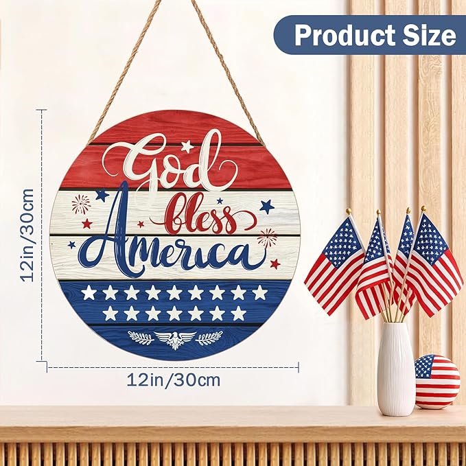 July Fourth Memorial Day Decorations Sign for Front Door Independence Day Patriotic Wreath Welcome Hanging Plaque God Bless America Round Wooden Hanger for Memorial Outdoor Decor 12”x 12”