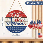 July Fourth Memorial Day Decorations Sign for Front Door Independence Day Patriotic Wreath Welcome Hanging Plaque God Bless America Round Wooden Hanger for Memorial Outdoor Decor 12”x 12”