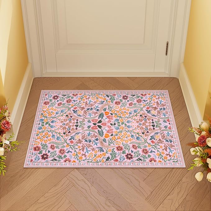 Moynesa Floral Pink Washable Rug, 2x3 Boho Bathroom Rugs Non Slip Soft Bedroom Accent Mat Ultra Thin Flower Small Indoor Door Mat for Entryway Kitchen Bedside, Pink