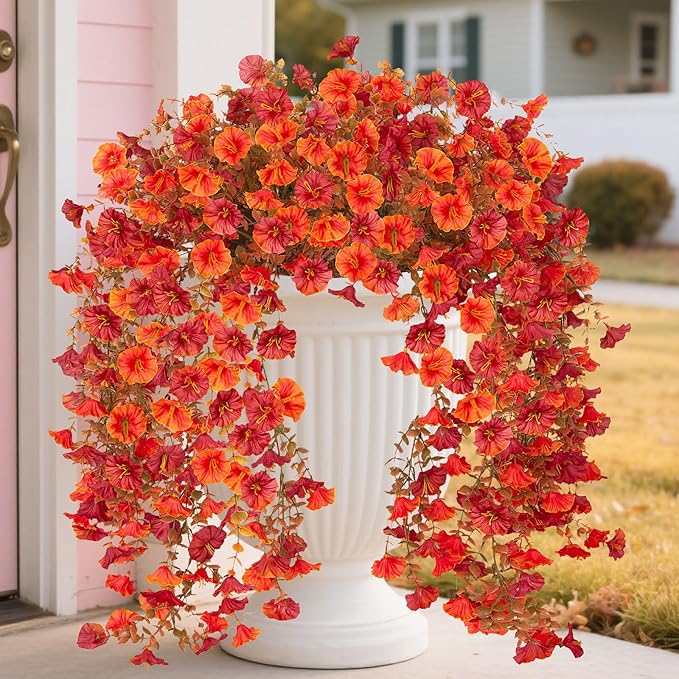 Fake Fall Hanging Flowers Artificial for Outdoor Decoration, 2 PCS Autumn Silk Faux Flowers Morning Glory with Eucalyptus Leaves, Realistic Hanging Plants for Wedding Home Office Garden Decor, Mix