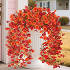 Fake Fall Hanging Flowers Artificial for Outdoor Decoration, 2 PCS Autumn Silk Faux Flowers Morning Glory with Eucalyptus Leaves, Realistic Hanging Plants for Wedding Home Office Garden Decor, Mix