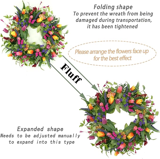 WreathDream 22 inch Spring Summer Wreath Tulip Wreath for Front Door with Purple Tassels, Eucalyptus Leaves, Ferns, Butterflies for Indoor Outdoor wall Festival Home Farmhouse Wedding Decor