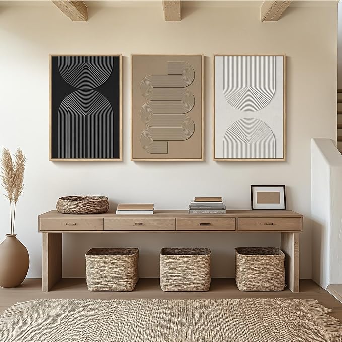 Large 3D Textured Framed Boho Modern Neutral Abstract Wall Art for Living Room, 3 Piece Black White Brown Paintings Artwork for Walls, Geometric Pictures for Office Bedroom Dining Room Decor, 24x36 In