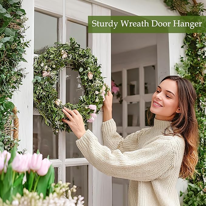 2 Pack Wreath Hangers for Front Door,14 Inch Wreath Hanger Hook for Front Porch Decor,Metal Over The Door Hooks Hanger for Halloween Fall Christmas Decorations Outdoor Indoor Home Decor,White