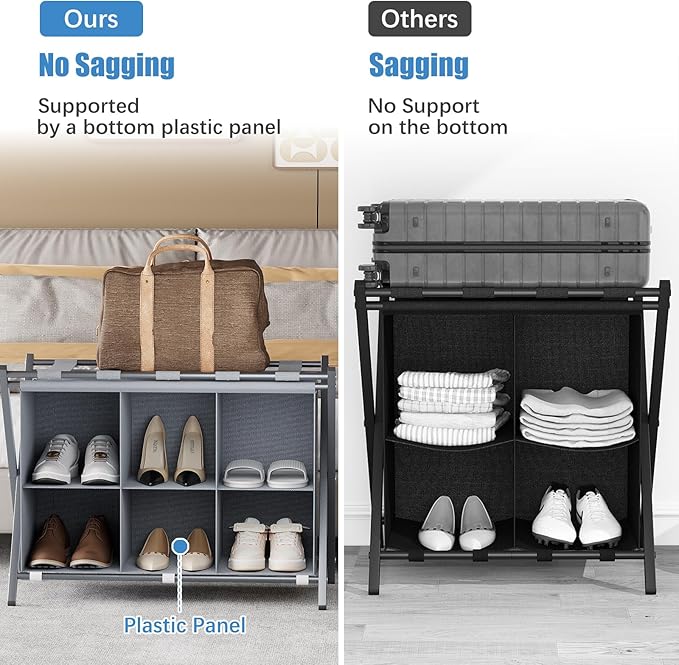 Luggage Rack for Guest Room, Folding Suitcase Stand with 6-Cube Fabric Storage Shelf, Luggage Holder, Steel Foldable Luggage Stand for Guest Room, Bedroom, Hotel, Grey