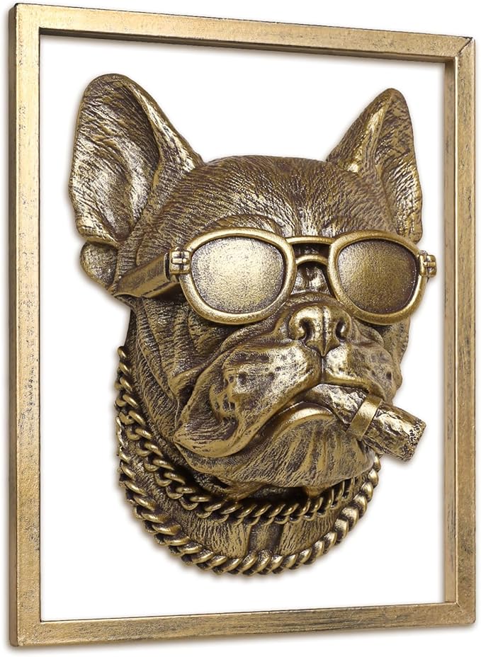 Newinhome Animal Heads Wall Decor (Includes Metal Frame) Resin Animals Sculptures Head Wall Hanging Decoration Gold vintage Wall Sculpture for Living Room Bedroom Office(Bulldog)