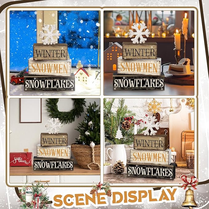 Moucuny 4 Pcs Winter Table Decorations Wooden Snowflake Decor Christmas Tiered Tray Decor Rustic Snow Block Signs Gift Farmhouse Christmas Centerpiece for Winter Wonderland Party Kitchen Shelf Home