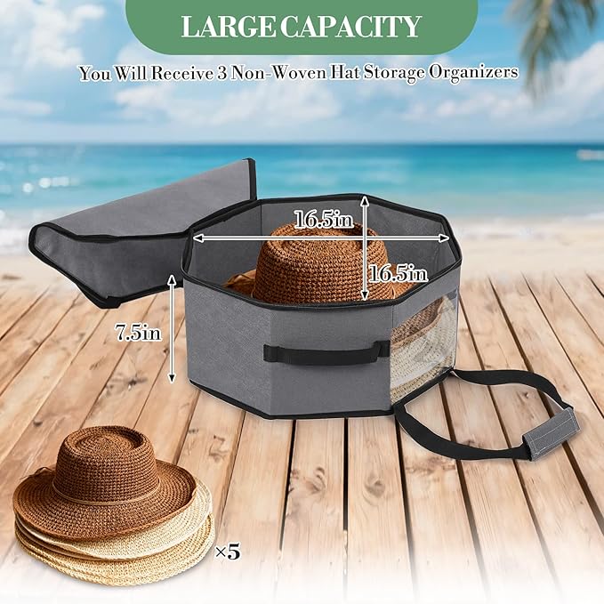 Garvee 3-Pack Grey Collapsible Hat Storage Boxes with Handles and Shoulder Strap – Large Dustproof Organizer for Cowboy, Fedora & Sun Hats – Portable Travel and Home Storage, 42×42×19cm, Grey
