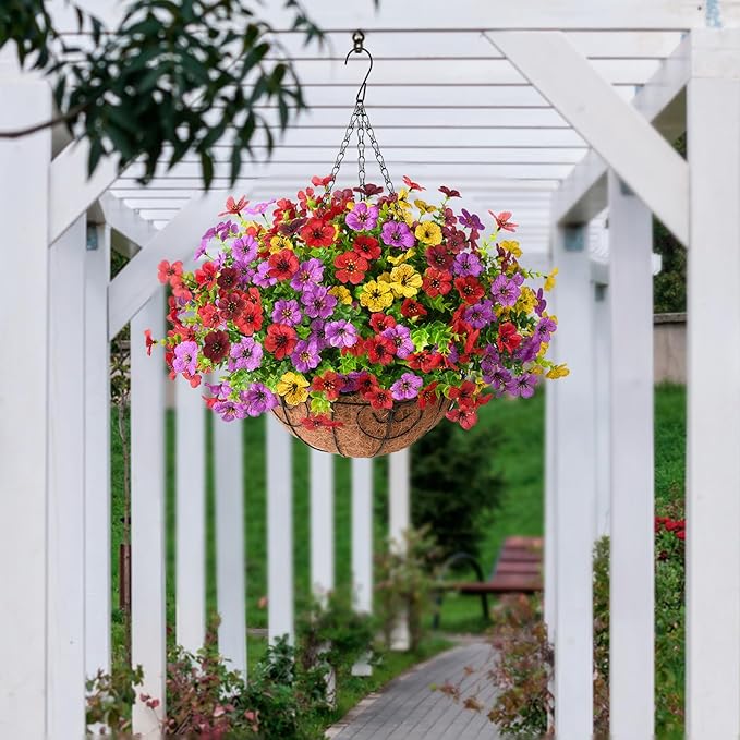 Artificial Faux Hanging Flowers Plants with Basket for Outdoor Spring Decoration, Fake Silk Daisy Outside Indoor UV Resistant Look Real Yard Patio Front Porch Garden Balcony Home Decor(MIx1)