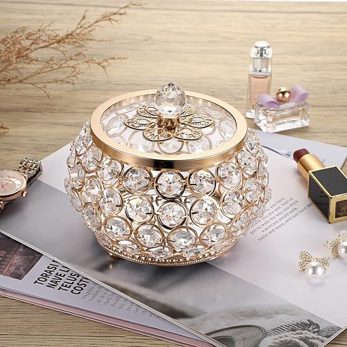 Hipiwe Crystal Jewelry Trinket Box with Glass Lid Gold Mirrored Treasure Box Decorative Jewelry Box Ring Earrings Necklace Storage Keepsake Box Gift for Women