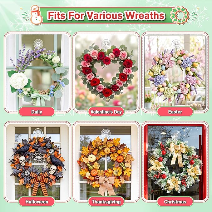 VIS'V Wreath Hanger, Large Suction Cup Wreath Hooks, Heavy Duty, 22 LB Capacity, Removable and Reusable, Clear, 4 Pcs