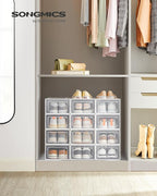 SONGMICS Shoe Boxes, Pack of 15 Shoe Storage Organizers, Stackable Clear Plastic Boxes for Closet, Sneakers, 13.1 x 9.1 x 5.6 Inches, Transparent and White ULSP015W02