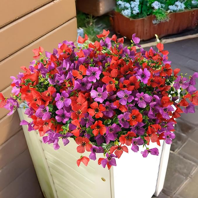 Homsunny Artificial Fake Flowers Plants for Outdoors - 12 Bundles Fake Plants Faux Silk Flowers Outside, UV Resistant for Planter Front, Porch, Garden, Patio, Spring Decor