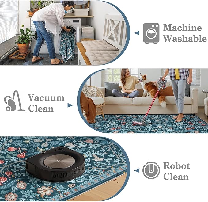Moynesa Floral Washable 8x10 Rug, Large Area Rugs for Living Room, Soft 8 x 10 Boho Bedroom Rugs, Non Slip Botanical Ultra Thin Floor Carpet for Dining Room Nursery, Teal