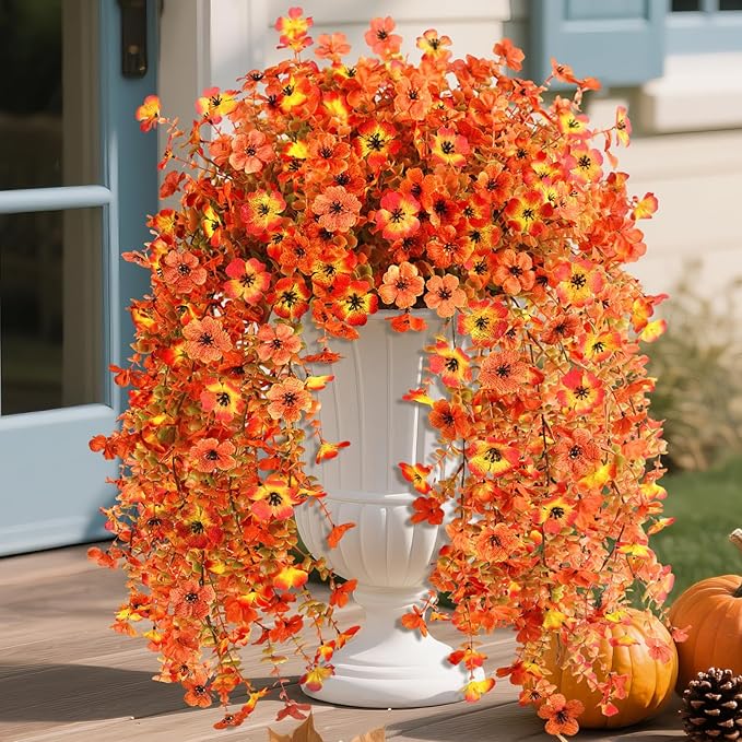 Homsunny Artificial Fall Flowers for Outdoors Fake Flowers UV Resistant 2PCS Fall Mums Flowers for Home Patio Balcony Yard Porch, Orange and Sunset Red