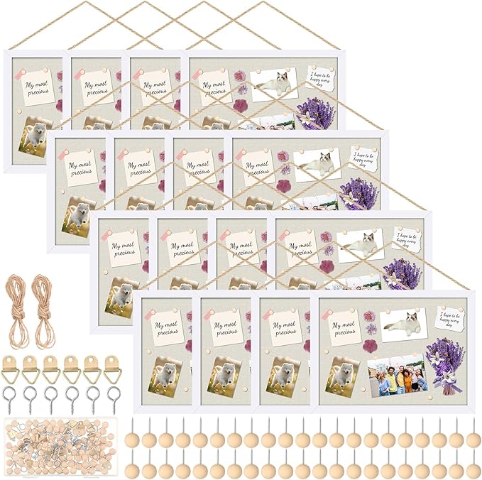 Teling 16 Pack Wood Bulletin Boards with Linen 12''x 16'' Cork Board for Walls with 90 Pushpin Decorative Wood Framed Display for School Office Home Decor (White)