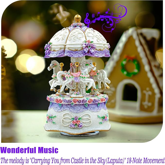 Carousel Music Box，Luxury Color Change LED Light Music Box,Luminous Rotating 3-Horse Musical Box with Gift Box for Girls Birthday Valentine Gift (Castle in The Sky, Purple)
