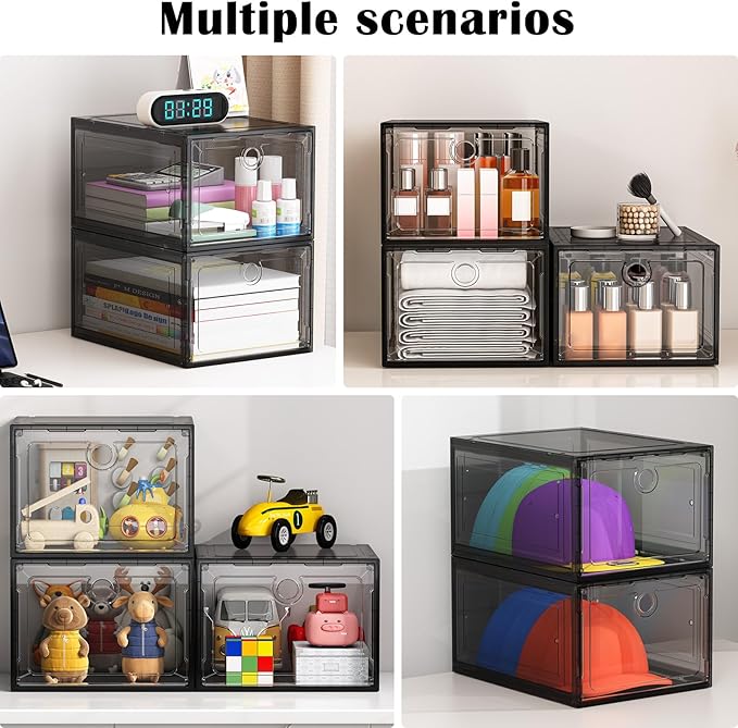 12 Pack Upgrade Harder Shoe Organizer, Shoe Storage with Magnetic Front Door, Clear Shoe Boxes Foldable Space-Saving Shoe Rack for Sneaker Boot Container, Black