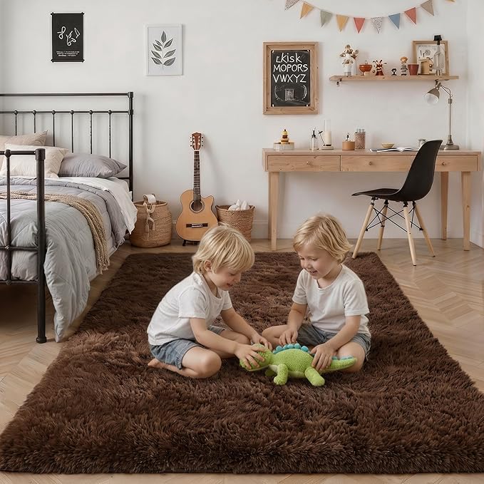 Fluffy 4x6 Area Rugs for Living Room Bedroom: Ultra Soft Shag Rug Non-Slip Non-Shedding Small Plush Bedside Rug Indoor Floor Carpets for Kids Room Playroom Entryway Nursery Dorms Home Decor Brown