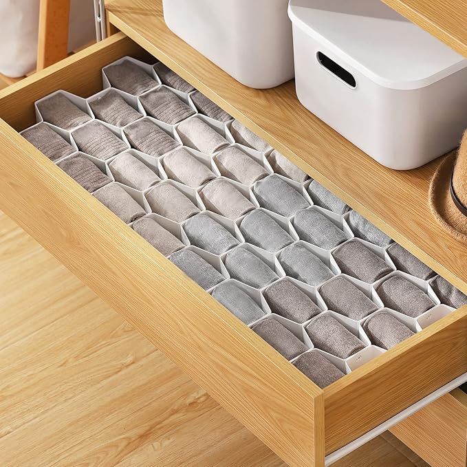MORNITE Sock Drawer Organizer, Drawer Divider Organizer for Underwear Socks Ties Belts Assemble Honeycomb Separator Closet Cabinet DIY Desk Office 8pcs White
