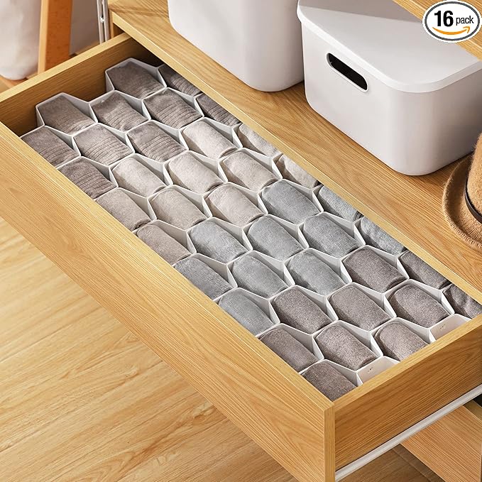 MORNITE 2 Sets Sock Drawer Organizer, Drawer Divider Organizer for Underwear Socks Ties Belts Assemble Honeycomb Separator Closet Cabinet DIY Desk Office 16pcs White