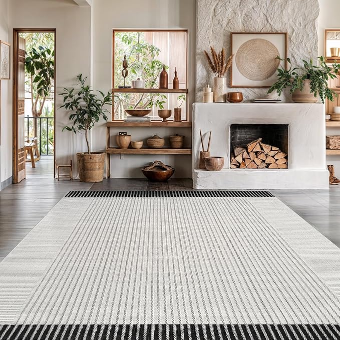 Modern Micro Loop Indoor Area Rugs for Living Room Bedroom Kitchen Geometric Striped Black-White 8x10 Luxury Durable Low and High Pile Non-Shedding Stain Resistant Soft Area Carpet 8 x 10