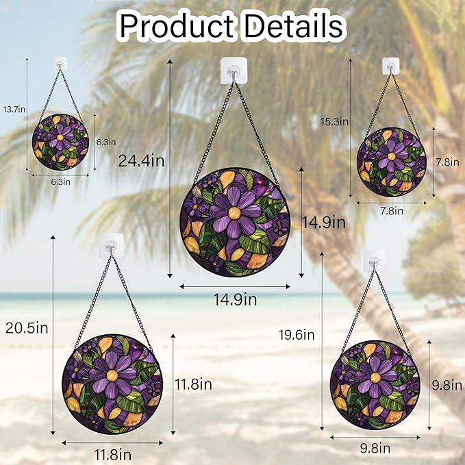 Stained Glass Window Hanging, Purple Green Flowers Sun Catcher for Door Home Decor Plants Suncatcher Christmas Mother's Day Birthday Gifts for Women Men Mom and Nana 11.8 in