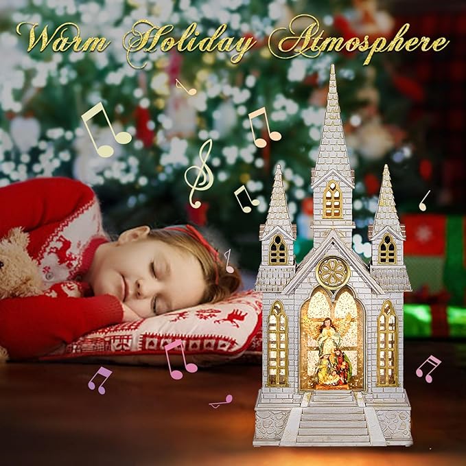 Church Snow Globe Lighted,Christmas Snow Lantern,Angel Holy Family Nativity Christmas Eve Glitter Snow Globe with Musical,Christian Decorations Indoor,Two Power Modes of Church Snow Globes