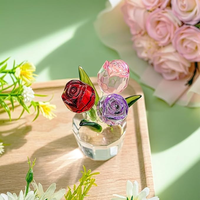 Crystal Colorful Rose Bouquet Figurines Glass Red Pink Purple Flowers Gift for Women Wedding Party Collectible Figurines