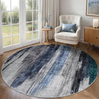 Ciicool 5ft Round Washable Rug, Modern Abstract Circle Rugs, Non-Slip Thin Low-Pile Rug Navy Grey Circular Print Distressed Carpet for Bedroom Living Room Under Dining Table Home Office Decor
