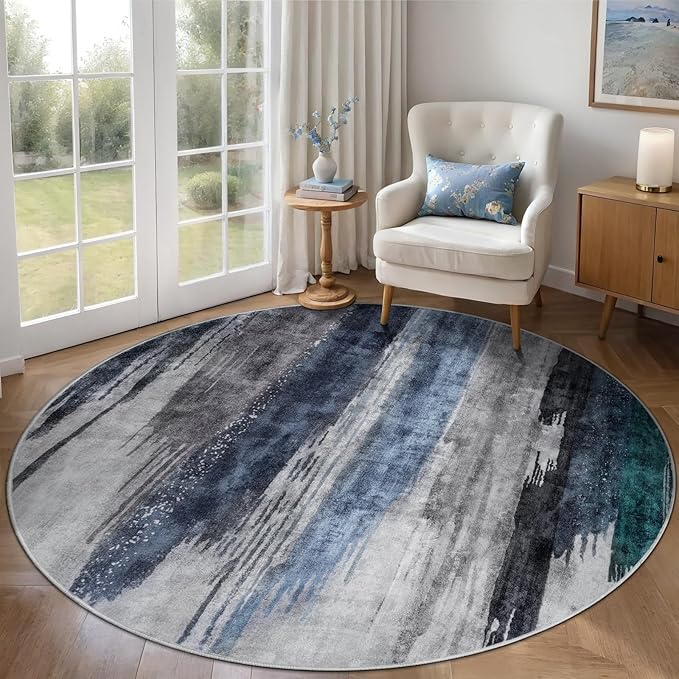 Ciicool 5ft Round Washable Rug, Modern Abstract Circle Rugs, Non-Slip Thin Low-Pile Rug Navy Grey Circular Print Distressed Carpet for Bedroom Living Room Under Dining Table Home Office Decor