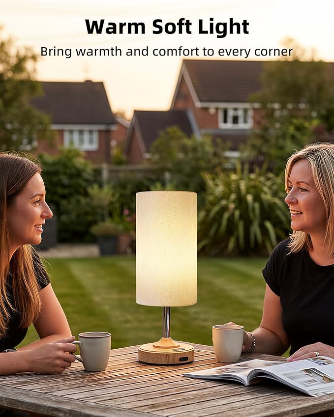 Rechargeable Table Lamp, 2-Pack, Ambient Light, Dimmable, 2700K, Timer, Touch Control, Portable, LED, Wireless, Cordless e, Battery Operated, Desk Lamp, Kitchen Lamp, Fabric Shade, Wood-Grain Finish