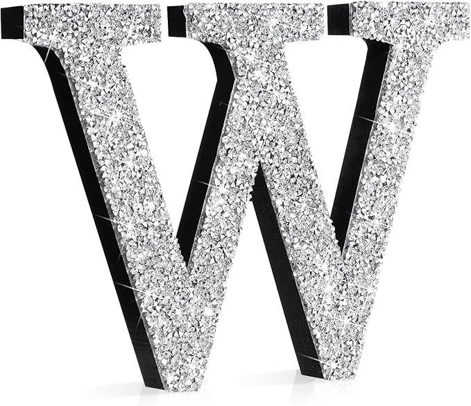 Qunclay 12'' Silver Crystal Diamond Bling Letters Crushed Diamond Decoration Wooden Glitter Letter with Screw and Hooks Rhinestone Gift for Wedding Y2k Mcbling Bedroom Wall Decor (Letter W)