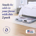 HOMZ 2-Pack Under Bed Storage, Clear Plastic Containers with Lids, 60 Quart, Gray Latch - Stackable Underbed Organizer Bins for Shoes, Bags, Clothes, and Towels