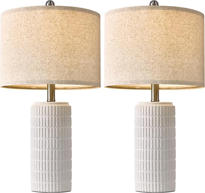 PoKat 24" Farmhouse Ceramic Table Lamps Set of 2 for Bedroom, White Stone-Like Bedside Lamps for Night Stands, Matte-Textured Decor Nightstand Table Lamps for Living Room End Table White
