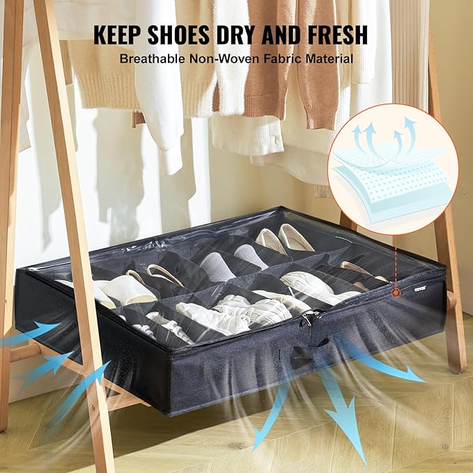 VEVOR Under Bed Shoe Storage Organizer, Set of 2, Total 32 Compartments, Underbed Shoes Closet Storage Solution with Clear Window, Breathable, Foldable Fabric Container Box with Reinforced Handles