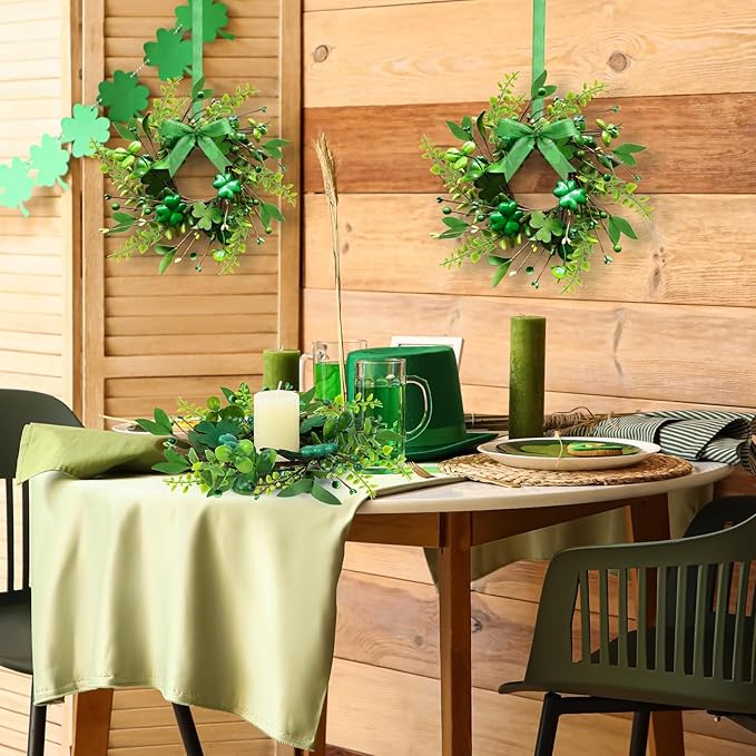 6 PCS Mini St. Patrick's Day Glitter Shamrocks Wreath for Front Door St. Patrick's Day Kitchen Cabinet Wreaths Decorations with Ribbon Small Lucky Green Irish Clover Berry Wreath for Porch Wall Window