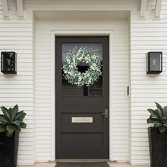 Sggvecsy Artificial Greenery Leaves Wreath for Front Door 22 Inch Greenery Boxwood Wreath with Flocked Lambs Ear White Berries for Spring Summer Farmhouse Wall Home Indoor Outdoor Decor