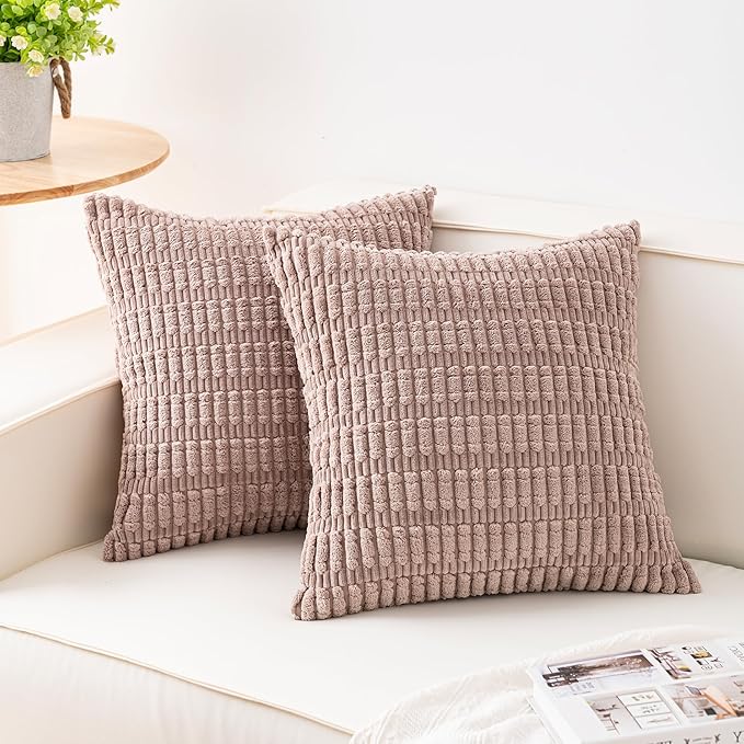 Aegero Pack of 2 Corduroy Decorative Throw Pillow Covers 24x24 Inch Soft Striped Pillow Covers Modern Farmhouse Home Decor for Sofa Living Room Couch Bed（Light Brown）