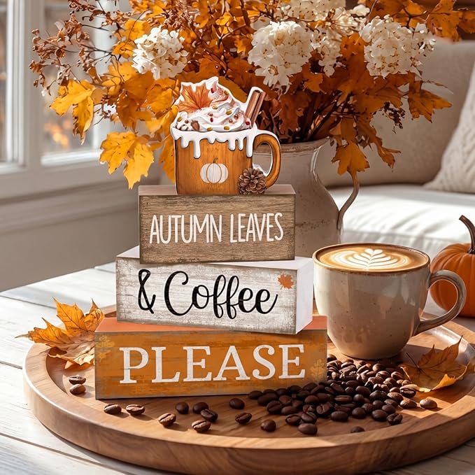 Lineshading 4 Pcs Fall Coffee Table Decor Fall Decoration for Home Wooden Stacked Block with Pumpkin Latte Topper Rustic Thanksgiving Tiered Tray Decor for Harvest Party Home Kitchen Coffee Bar