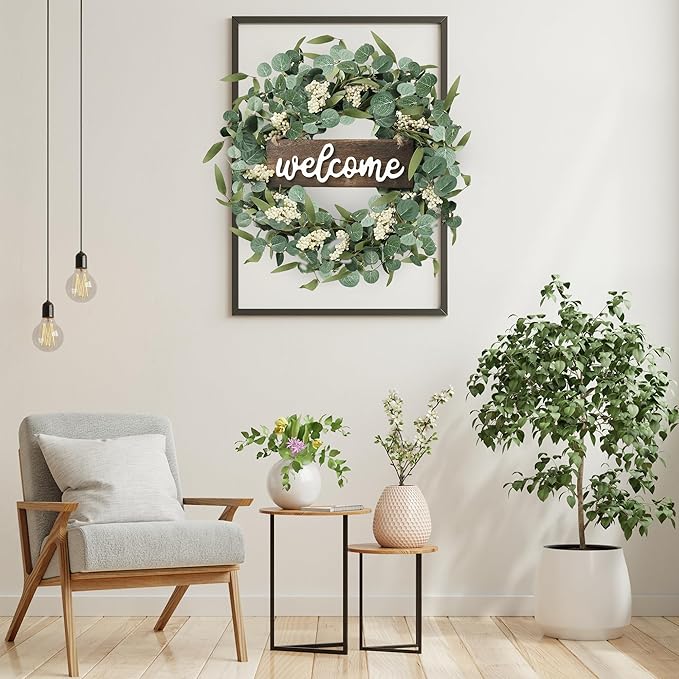 Sggvecsy Green Eucalyptus Wreath with Welcome Sign 20in Artificial Spring Summer White Berries for Front Door Wall Window Festival Farmhouse Porch Patio Garden Decor, White,green