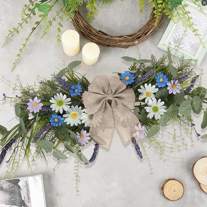 24'' Spring Wreaths for Front Door Summer Floral Swag Blue Spring Door Wreath with Wildflower Lanvender for Wall Porch Indoors Outdoor Window Home Decorations