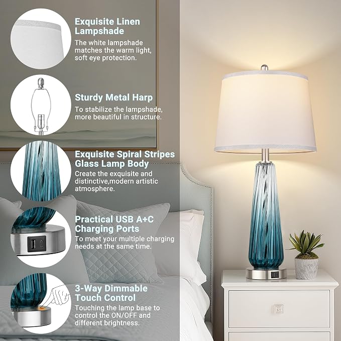 Glass Table Lamps for Living Room, Modern Bedside Lamps with USB A+C Ports, 3-Way Dimmable Touch Control Nightstand Lamp with White Linen Shade, 27.5" Large Lamps for Bedrooms Decor, Teal, 1 Pack