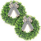 Set of 2, 24-26'' Large Boxwood Wreath for Front Door, Porch, Window - Foldable Greenery Boxwood Wreaths for Farmhouse Wedding Decor - Spring, Summer, Fall, All Seasons (with Bow)