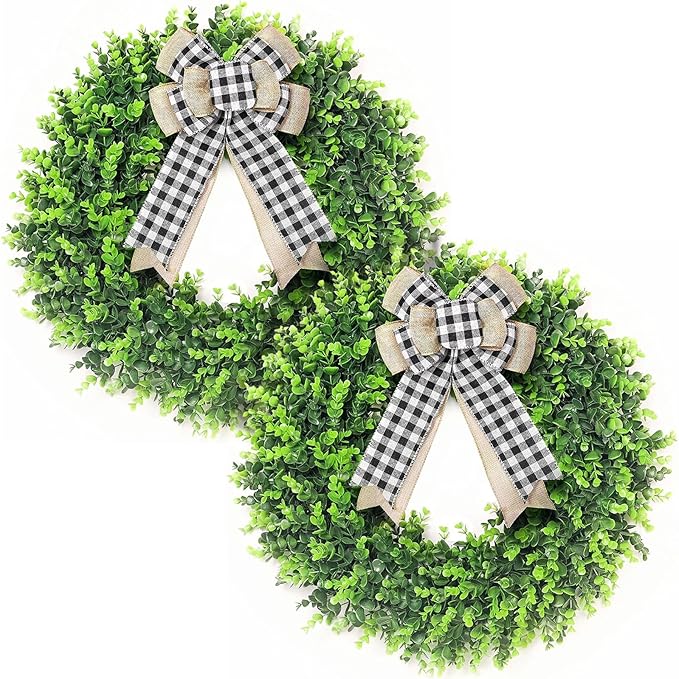 Set of 2, 24-26'' Large Boxwood Wreath for Front Door, Porch, Window - Foldable Greenery Boxwood Wreaths for Farmhouse Wedding Decor - Spring, Summer, Fall, All Seasons (with Bow)