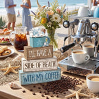Lineshading 4 Pcs Summer Table Decorations Beach Coffee Bar Wooden Block Sign Blue Rustic Coastal Tiered Tray Decor with Coffee Cup Summer Centerpieces Decor for Beach Nautical Party Office Home