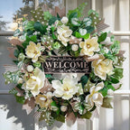 Spring Summer Wreaths for Front Door Outside 26 Inch, Magnolia Summer Wreath with Ribbons and Welcome Sign, Farmhouse Outdoor Spring & Summer Door Wreath for Front Door, Neutral Floral Decor
